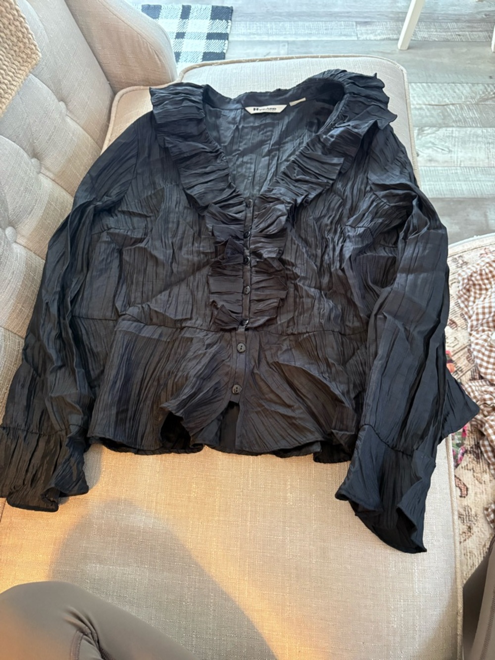 Ruffled V-Neck Black Women's Blouse